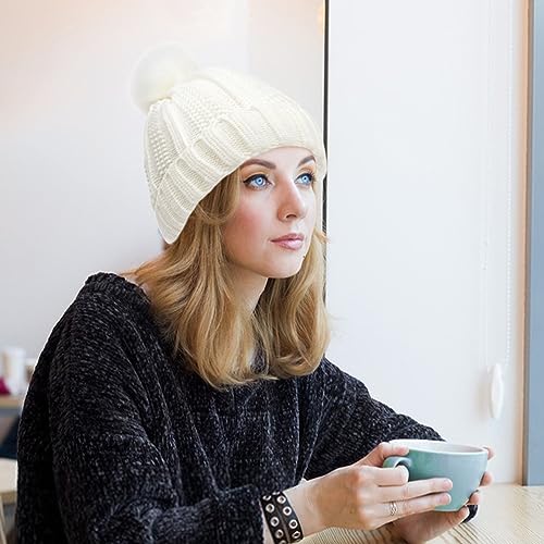 Winter Beanie Hat Knitted Cap with Pompom Satin Silk Lined Hat Warm Solid Color Hat for Women Girls