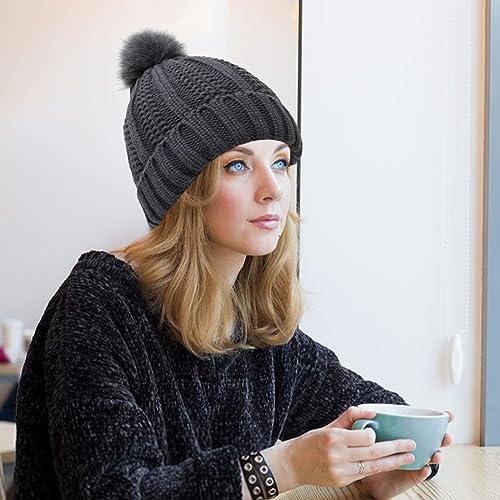 Winter Beanie Hat Knitted Cap with Pompom Satin Silk Lined Hat Warm Solid Color Hat for Women Girls