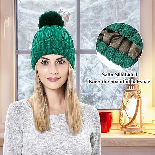 Winter Beanie Hat Knitted Cap with Pompom Satin Silk Lined Hat Warm Solid Color Hat for Women Girls