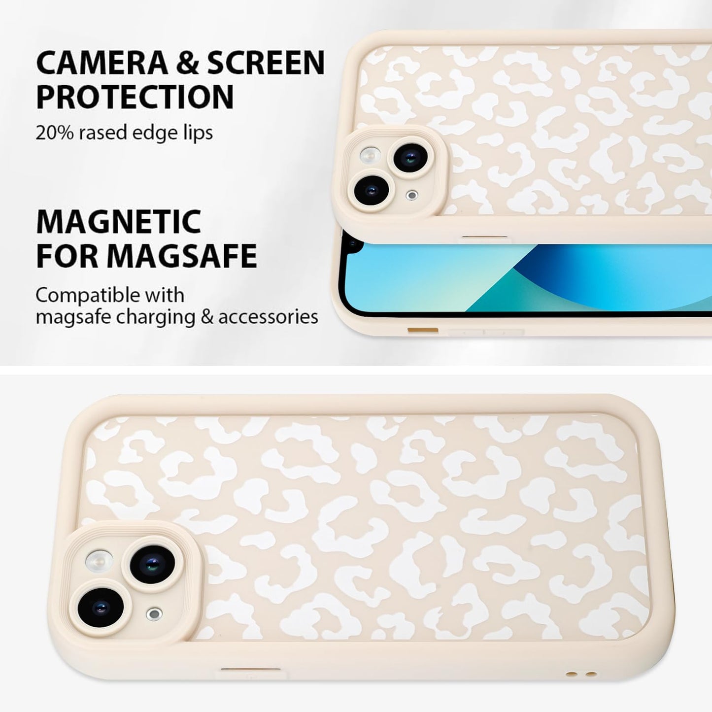 Cheetah Print Compatible with iPhone 14 Case, Shockproof Soft TPU Protective Case for Women Girls, Slim Anti Scratch Leopard Case for iPhone 14 6.1 Inch,White