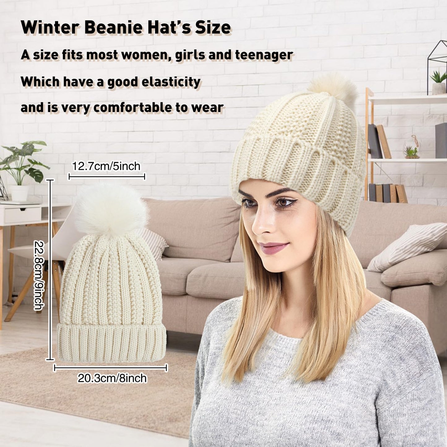 Winter Beanie Hat Knitted Cap with Pompom Satin Silk Lined Hat Warm Solid Color Hat for Women Girls